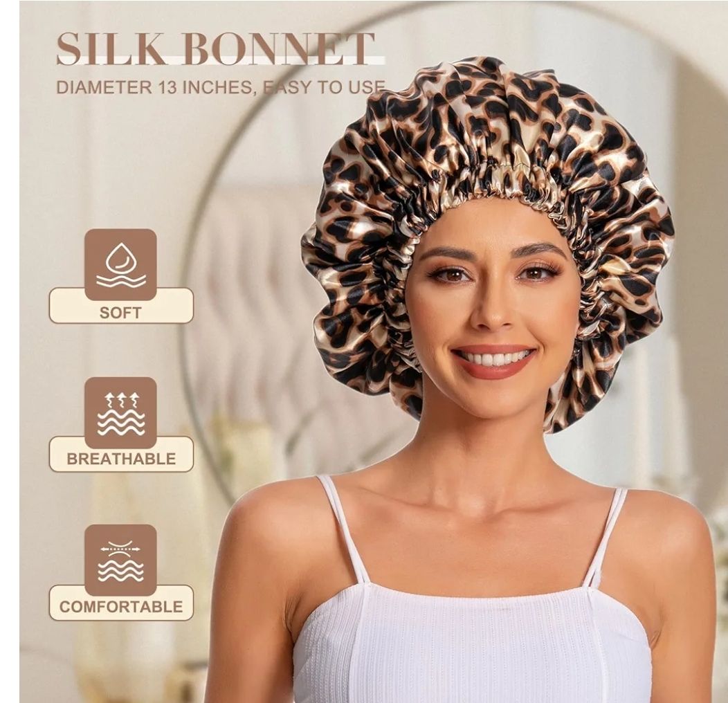 Satin Bonnet Silk Bonnet Hair Bonnet for Sleeping-Slouchy Beanie Hat Satin Sleep Cap for Women's Natural & Curly Hair(Leopard)