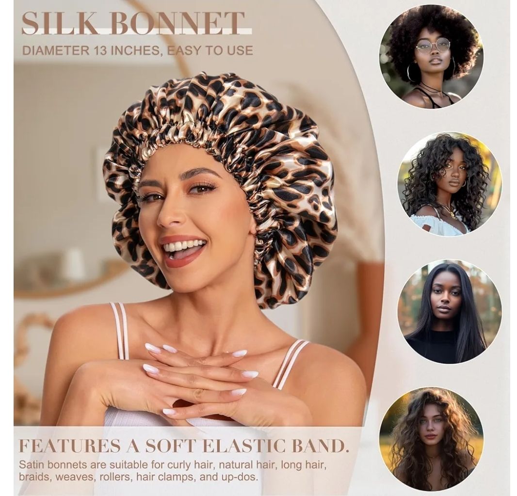 Satin Bonnet Silk Bonnet Hair Bonnet for Sleeping-Slouchy Beanie Hat Satin Sleep Cap for Women's Natural & Curly Hair(Leopard)