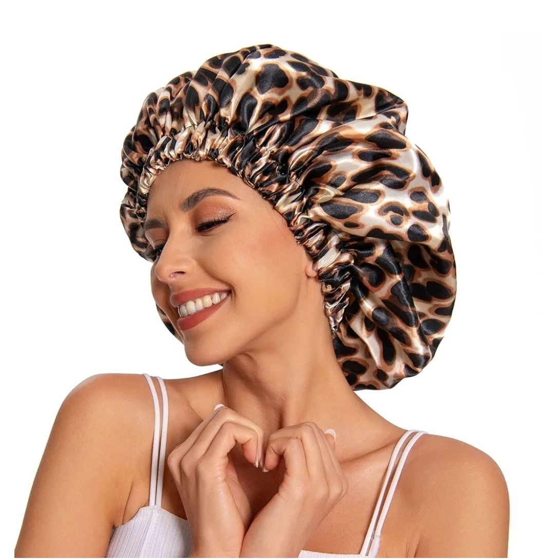 Satin Bonnet Silk Bonnet Hair Bonnet for Sleeping-Slouchy Beanie Hat Satin Sleep Cap for Women's Natural & Curly Hair(Leopard)