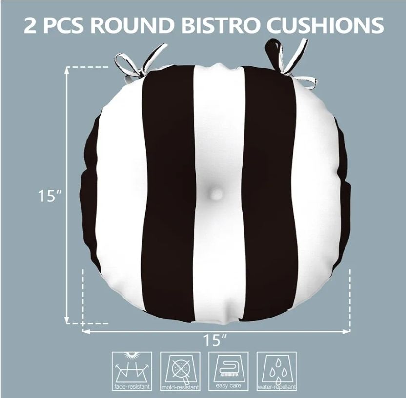 Outdoor All Weather Bistro Seat Cushions, Comfortable Fluffy Tufted Patio Chair Cushions Round 15"x15"x4" Set of 2 for Home Garden Furniture, Cabana Black