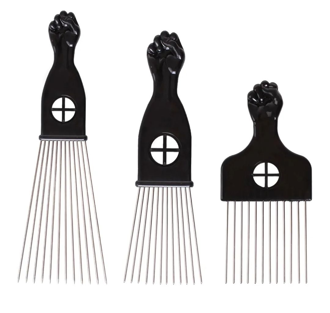 3 Pack Metal Afro Hair Styling Combs - Fist Design Wide Tooth Picks for Women, Men & Natural Curly Hair Hairstyling