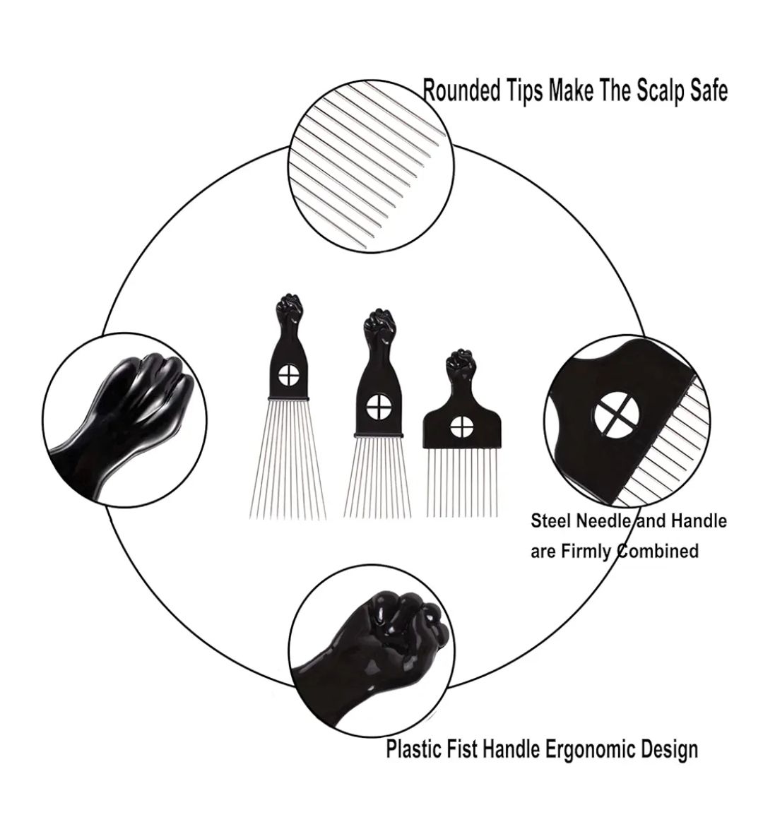 3 Pack Metal Afro Hair Styling Combs - Fist Design Wide Tooth Picks for Women, Men & Natural Curly Hair Hairstyling