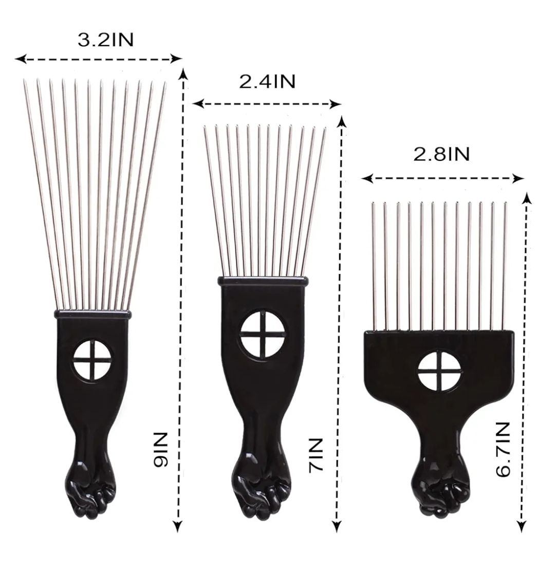 3 Pack Metal Afro Hair Styling Combs - Fist Design Wide Tooth Picks for Women, Men & Natural Curly Hair Hairstyling