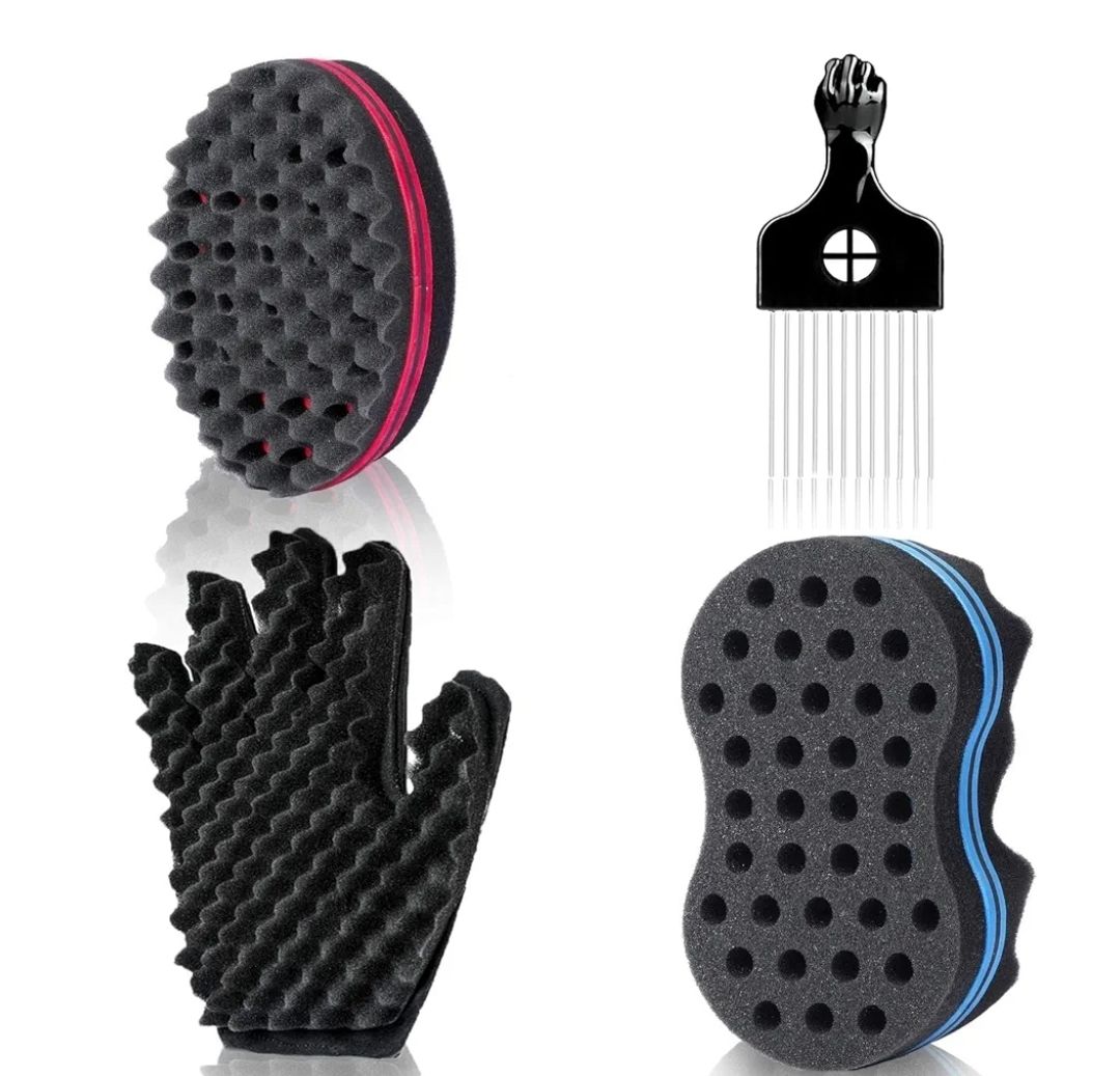 Magic Twist Hair Sponges Set, Big Holes Sponge Brush for Hair, Curling Sponge Glove for Men Women Curls with Metal Afro Pick(6.7 inch