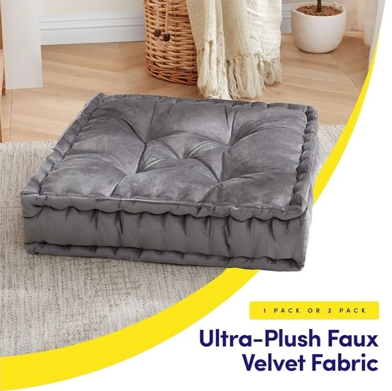 Floor Pillow Large Square Tufted Decorative Cushion. Faux Velvet Fabric Ultra Thick Fill for Kids and Adults, 1 Pack