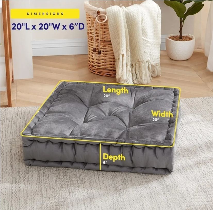 Floor Pillow Large Square Tufted Decorative Cushion. Faux Velvet Fabric Ultra Thick Fill for Kids and Adults, 1 Pack