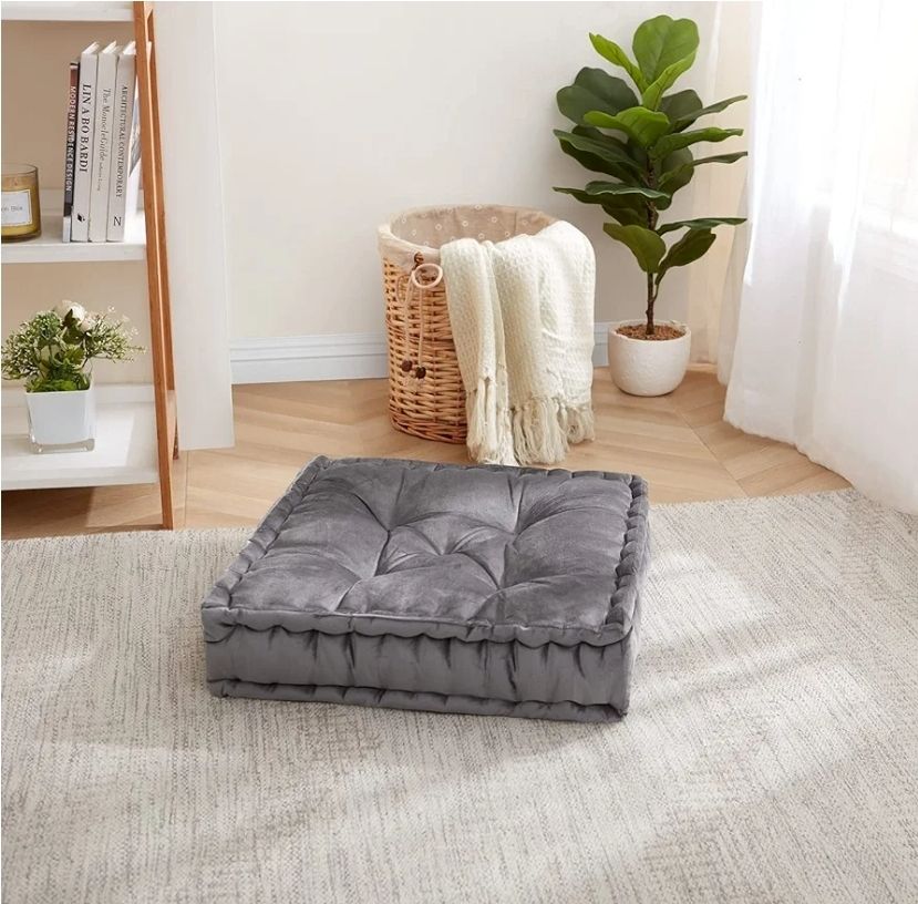 Floor Pillow Large Square Tufted Decorative Cushion. Faux Velvet Fabric Ultra Thick Fill for Kids and Adults, 1 Pack