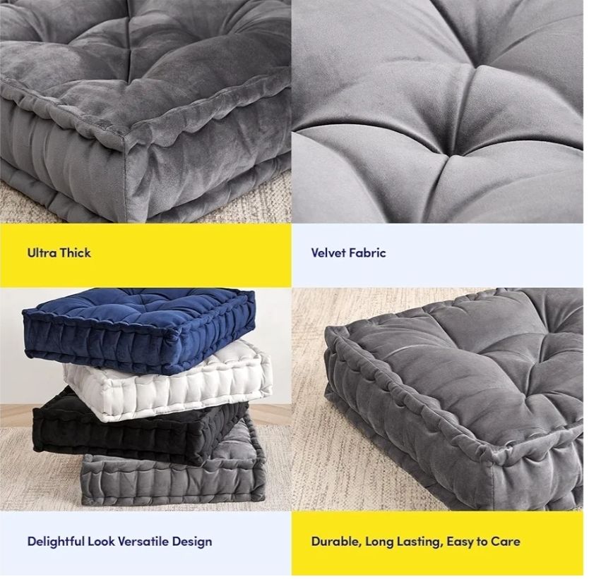 Floor Pillow Large Square Tufted Decorative Cushion. Faux Velvet Fabric Ultra Thick Fill for Kids and Adults, 1 Pack