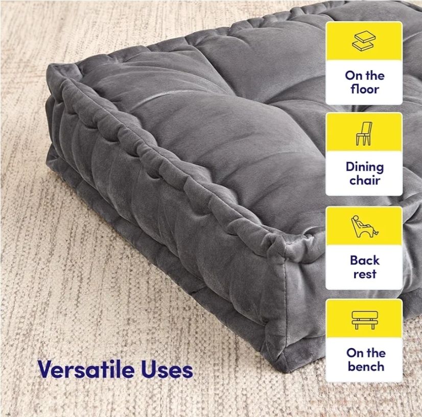 Floor Pillow Large Square Tufted Decorative Cushion. Faux Velvet Fabric Ultra Thick Fill for Kids and Adults, 1 Pack