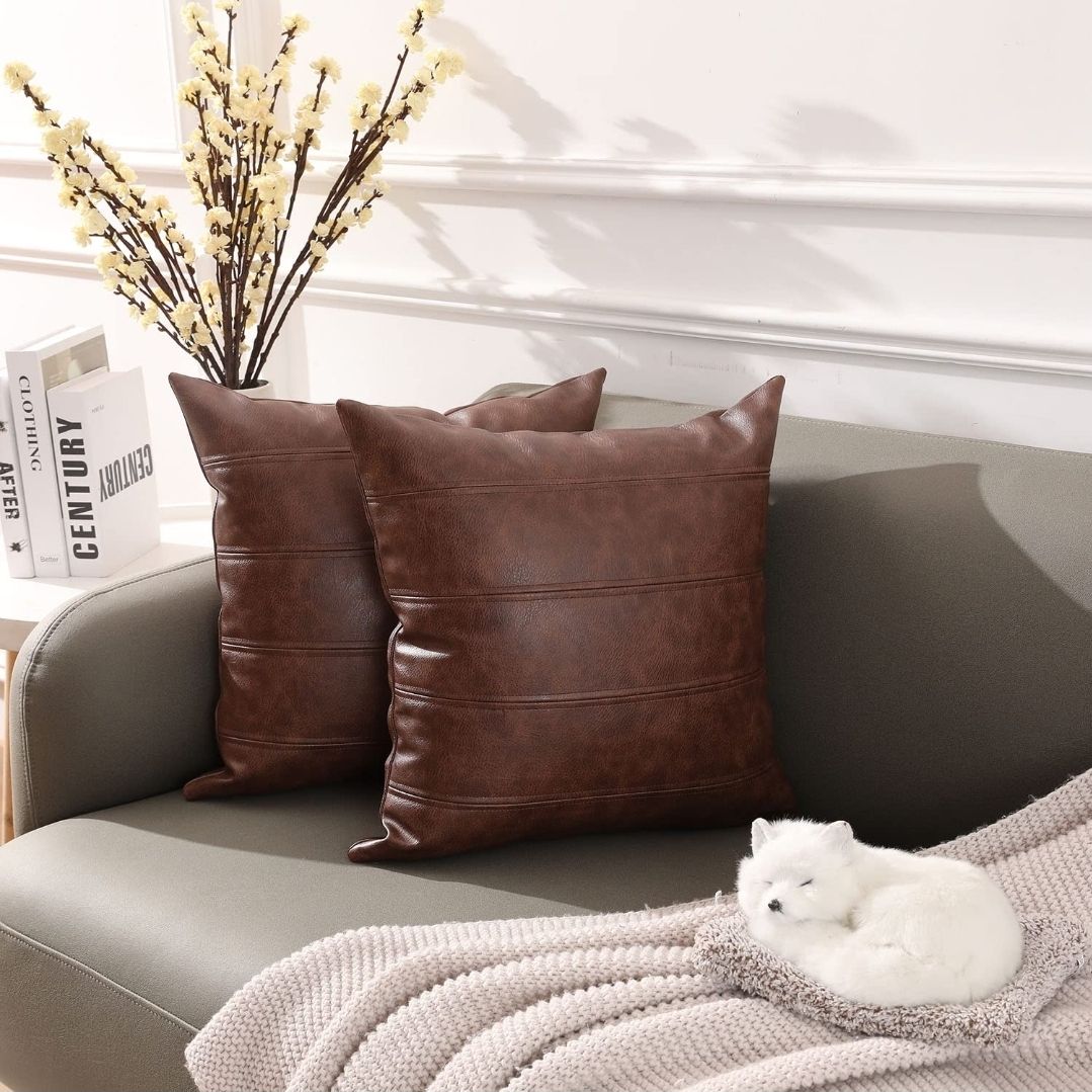 Set of 2 Faux Leather Stripe Decorative Throw Pillow Covers Modern Solid Outdoor Cushion Cases Luxury Pillowcases for Couch Sofa Bed 18x18 Inches Dark Brown