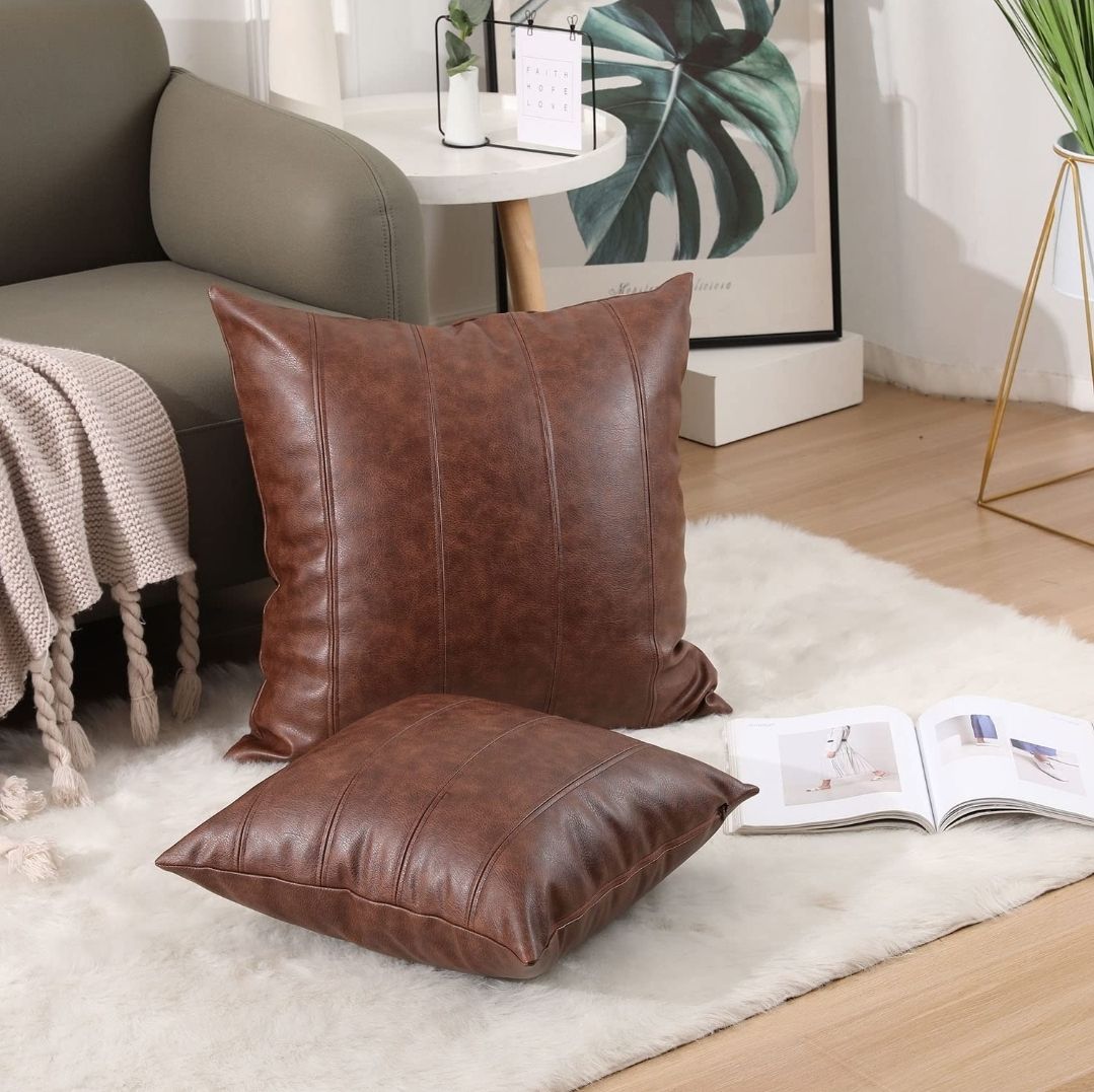 Set of 2 Faux Leather Stripe Decorative Throw Pillow Covers Modern Solid Outdoor Cushion Cases Luxury Pillowcases for Couch Sofa Bed 18x18 Inches Dark Brown
