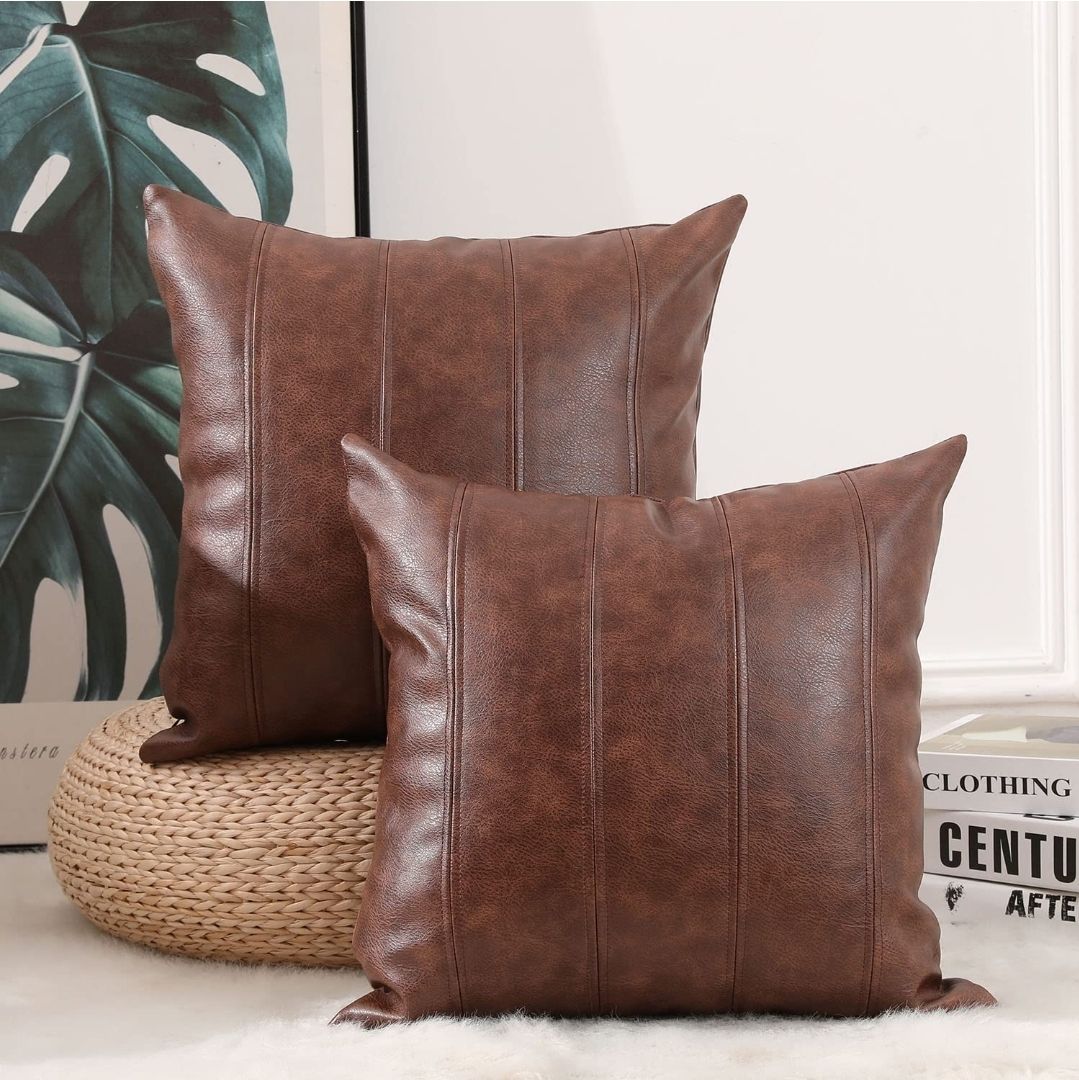 Set of 2 Faux Leather Stripe Decorative Throw Pillow Covers Modern Solid Outdoor Cushion Cases Luxury Pillowcases for Couch Sofa Bed 18x18 Inches Dark Brown