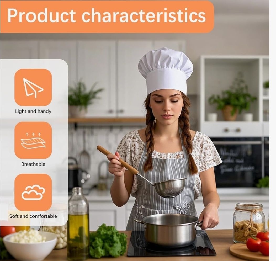 Chef Hat for Adult, Adjustable Elastic Poly-Cotton Kitchen Cooking Cap Chef Hats for Men/Women