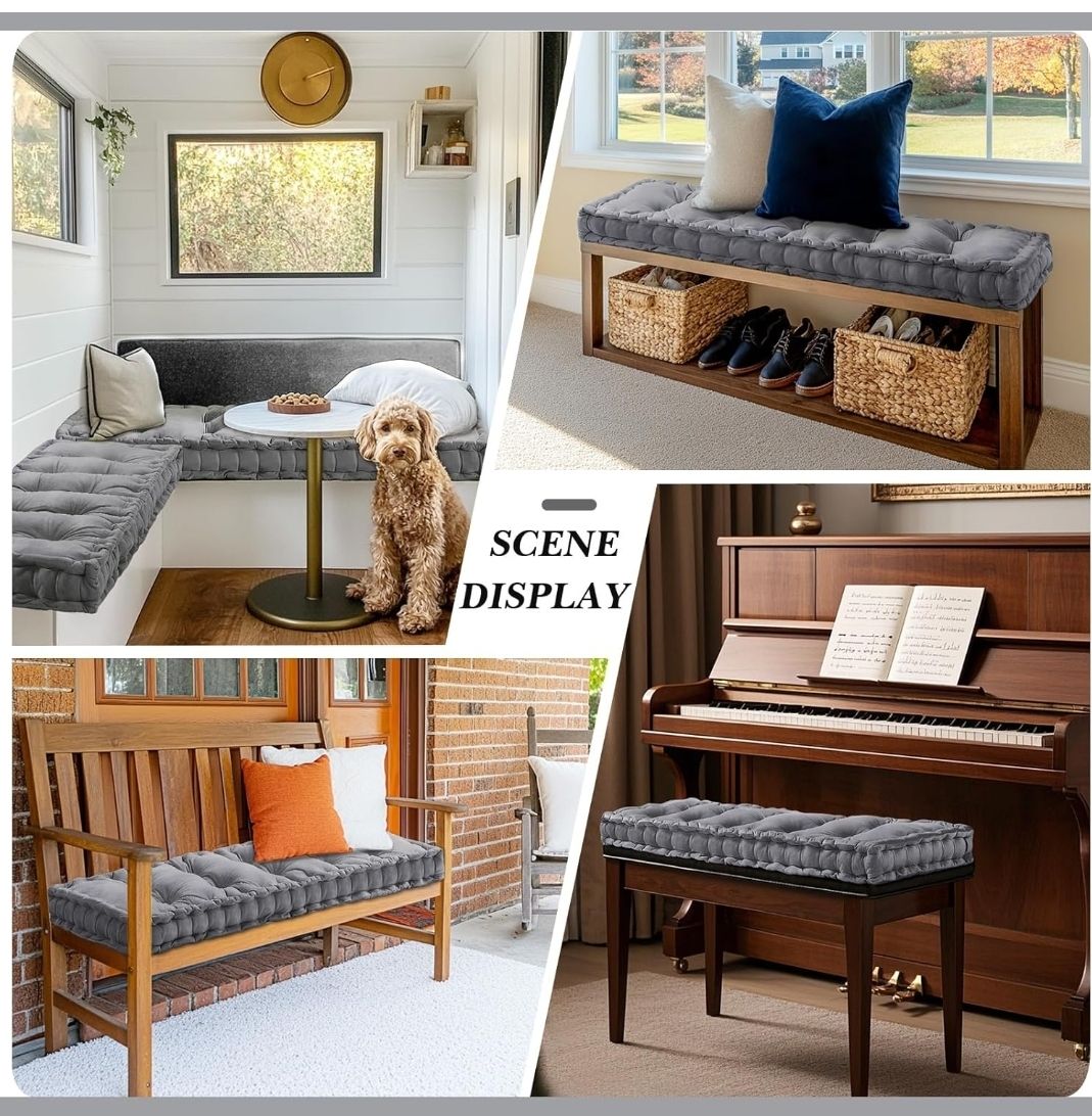 Bench Cushions for Indoor Furniture 42x16 in Velvet Kitchen Dining Piano Window Seat Cushion, Tufted Patio Porch Swing Thicken Bench Pad Memory Foam