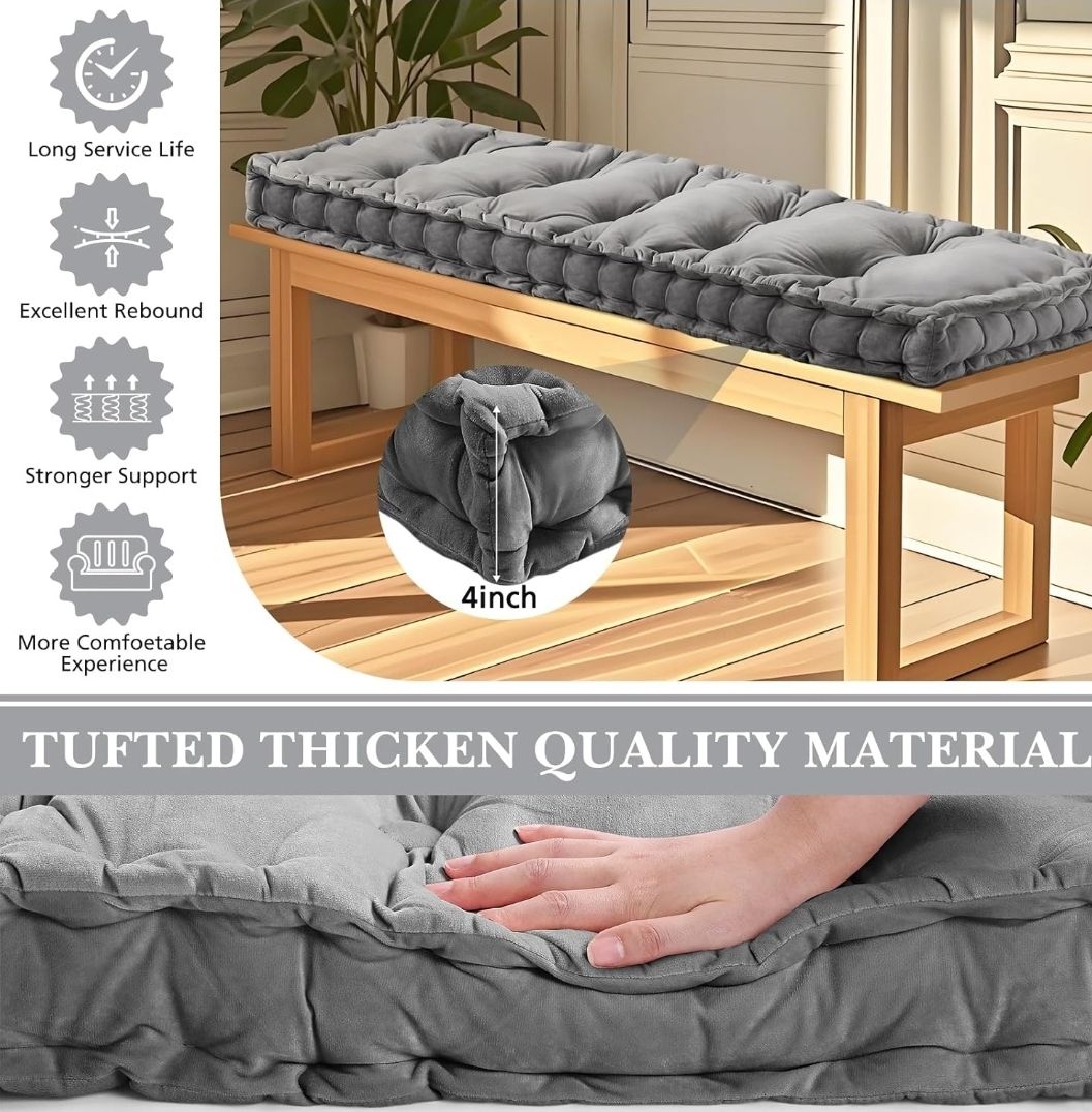 Bench Cushions for Indoor Furniture 42x16 in Velvet Kitchen Dining Piano Window Seat Cushion, Tufted Patio Porch Swing Thicken Bench Pad Memory Foam
