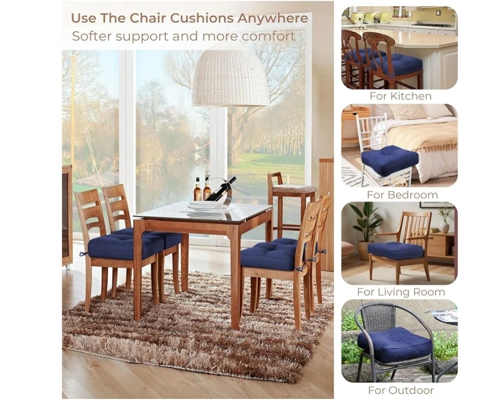 Chair Cushions for Dining Chairs,4PCS Kitchen Chair Cushions with Ties and Non Slip Backing, Indoor Foam Chair Pads for Dining Chairs Set of 4,16.5" X 16.5"