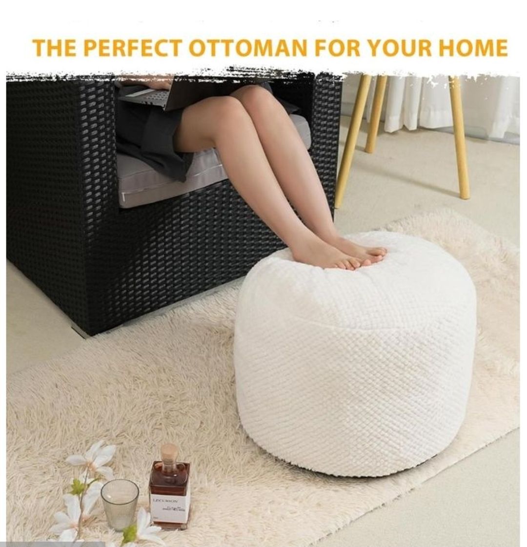 Round Stuffed Pouf Ottoman For Foot Rest, Faux Fur Poufs With Foam Chunk Filling, Storage Ottoman Pouf Foot Stool Cushion, 26 X 18 Inch Floor Chair For Living Room Bedroom Home Decor