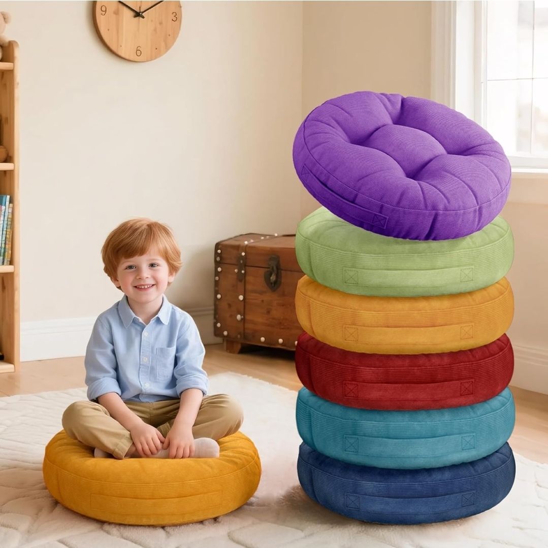 6Pcs Round Floor Cushions for Kids, Waterproof Flexible Seating for Classroom Elementary, Safe Smolder Resistance Sitting Pillows with Handles, 15-inch, Assorted