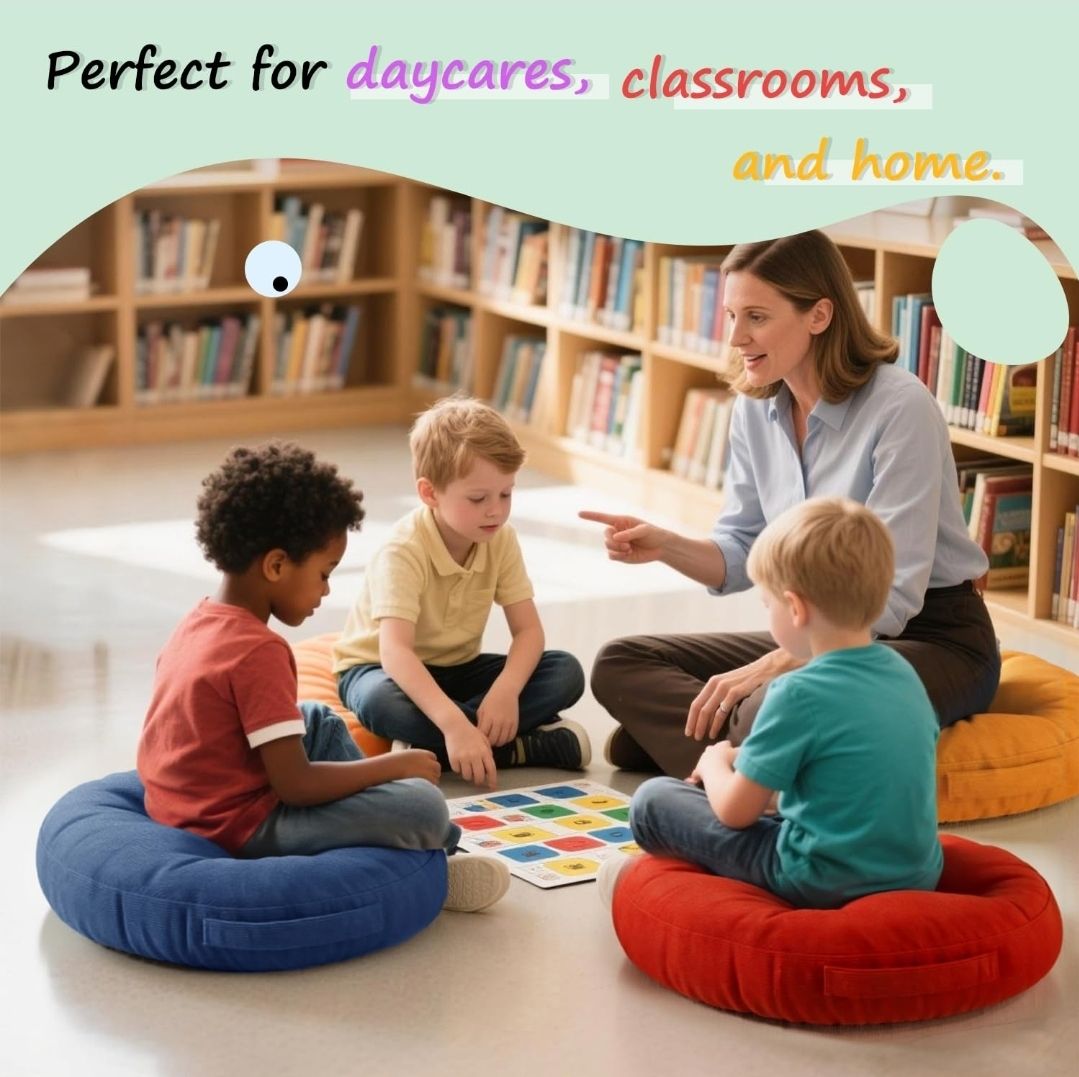 6Pcs Round Floor Cushions for Kids, Waterproof Flexible Seating for Classroom Elementary, Safe Smolder Resistance Sitting Pillows with Handles, 15-inch, Assorted