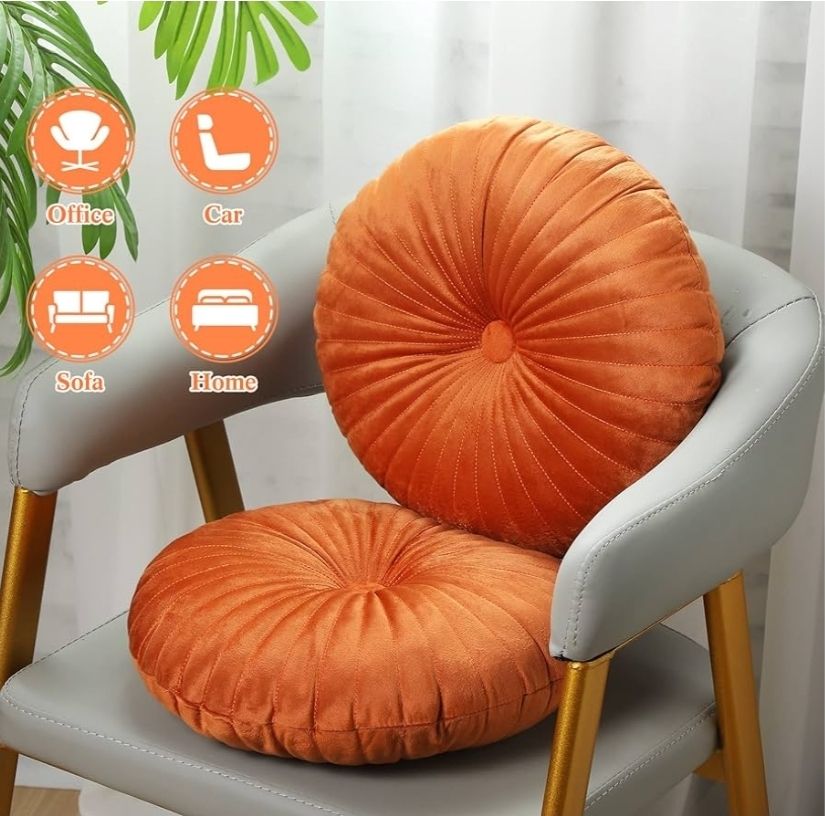 2 Pcs Round Throw Pillow 13.8 Inch Decorative Round Velvet Floor Pillows Small Pumpkin Throw Cushion for Living Room Sofa Bed