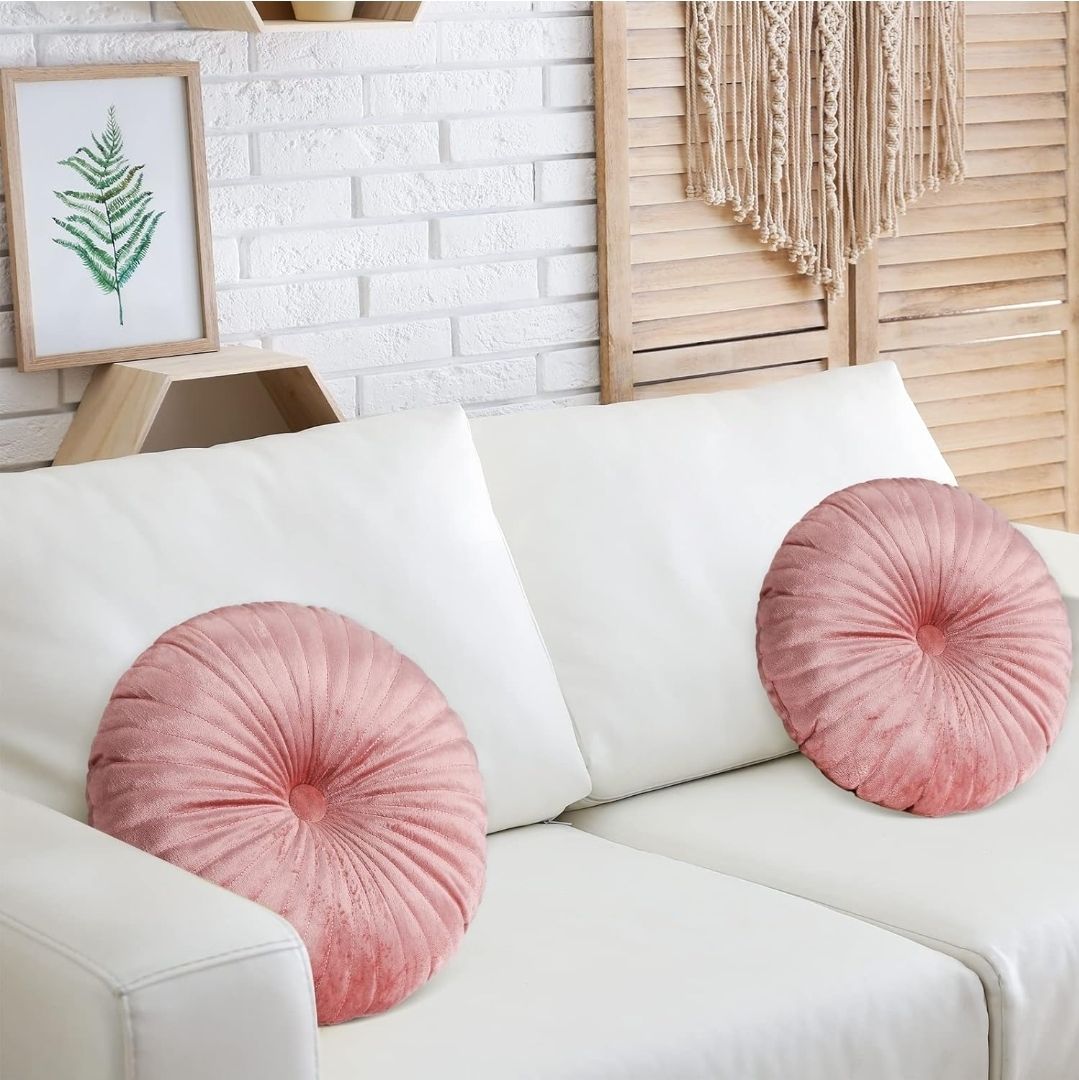 2 Pcs Round Throw Pillow 13.8 Inch Decorative Round Velvet Floor Pillows Small Pumpkin Throw Cushion for Living Room Sofa Bed