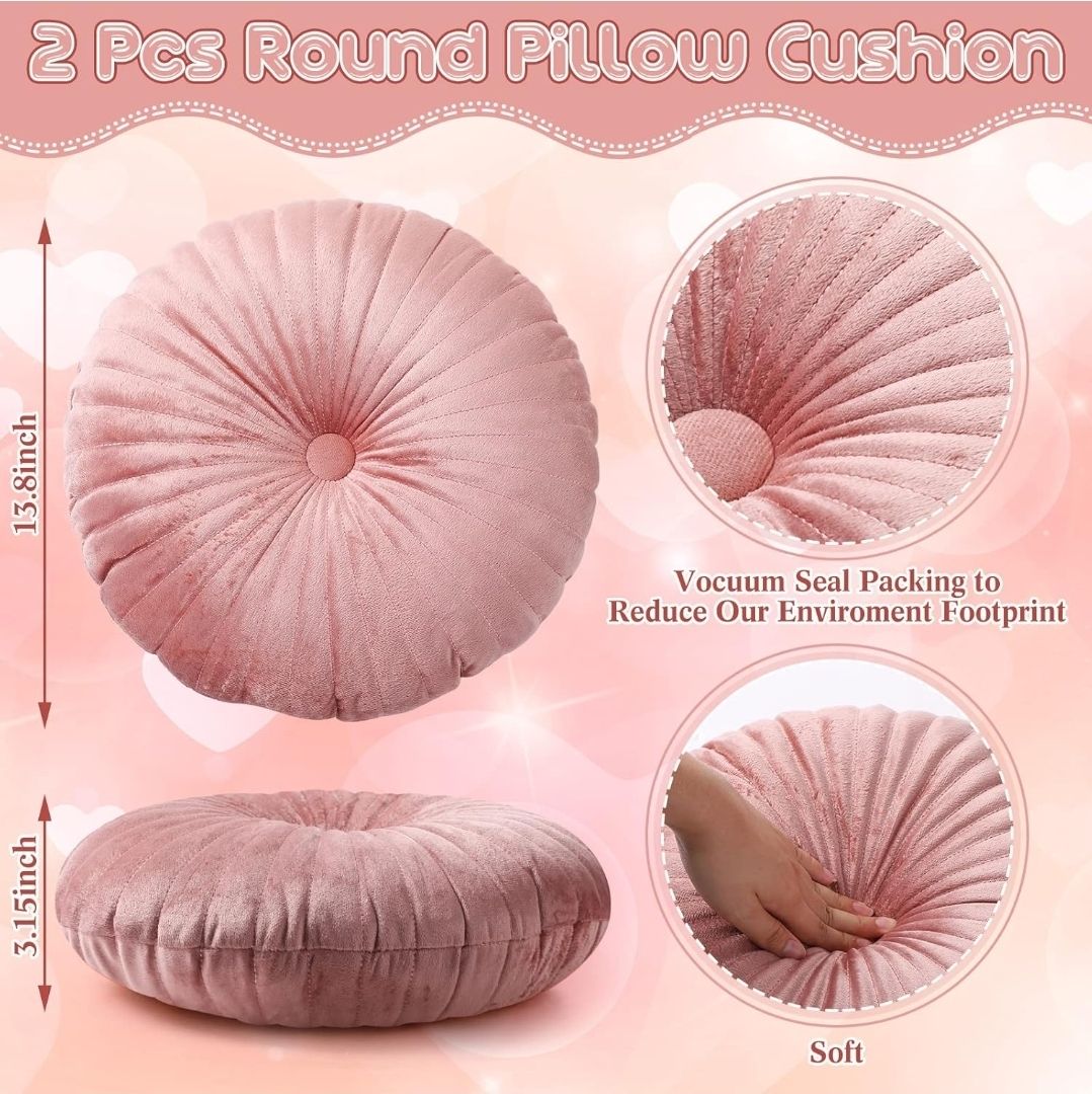 2 Pcs Round Throw Pillow 13.8 Inch Decorative Round Velvet Floor Pillows Small Pumpkin Throw Cushion for Living Room Sofa Bed