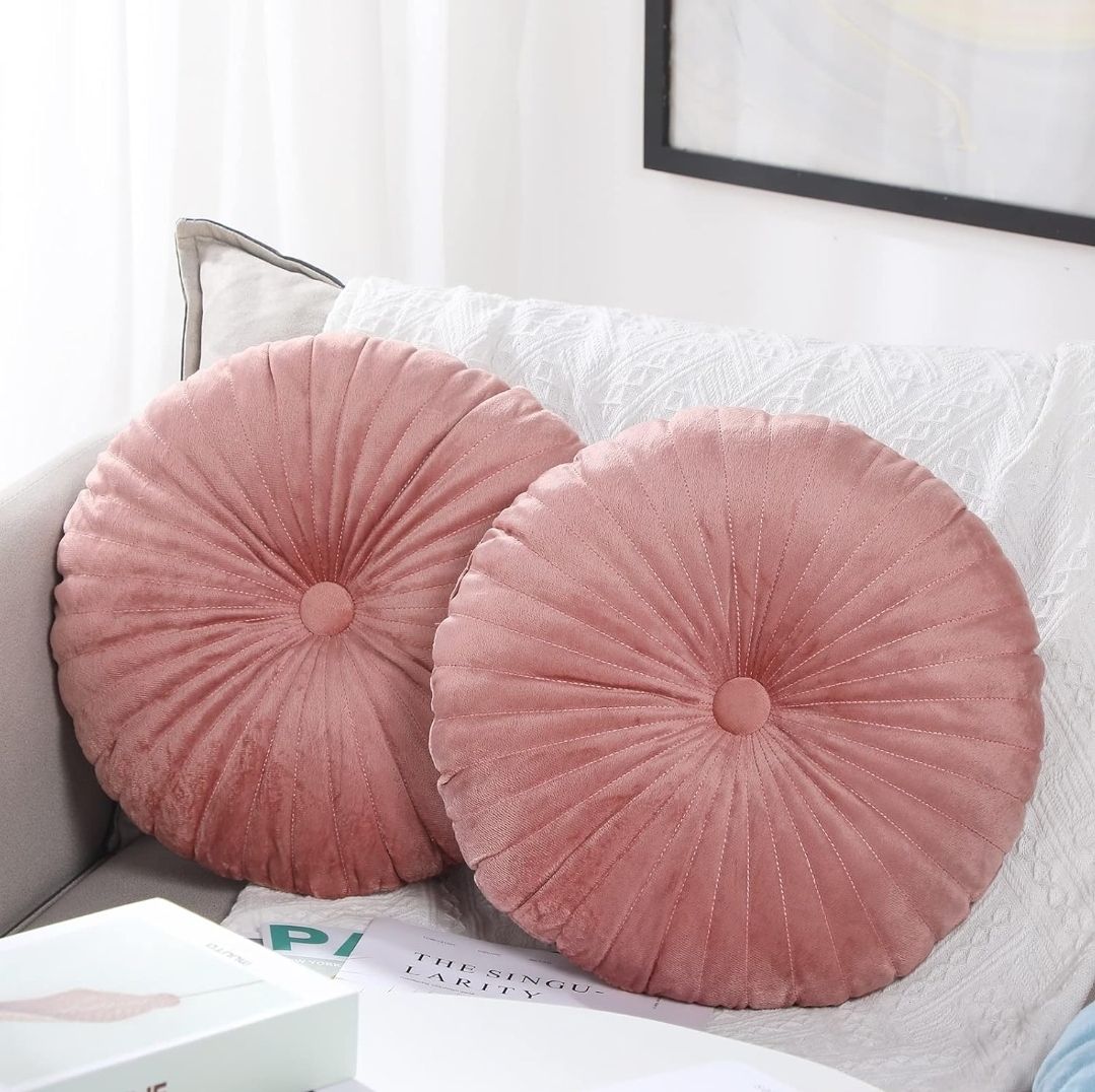 2 Pcs Round Throw Pillow 13.8 Inch Decorative Round Velvet Floor Pillows Small Pumpkin Throw Cushion for Living Room Sofa Bed