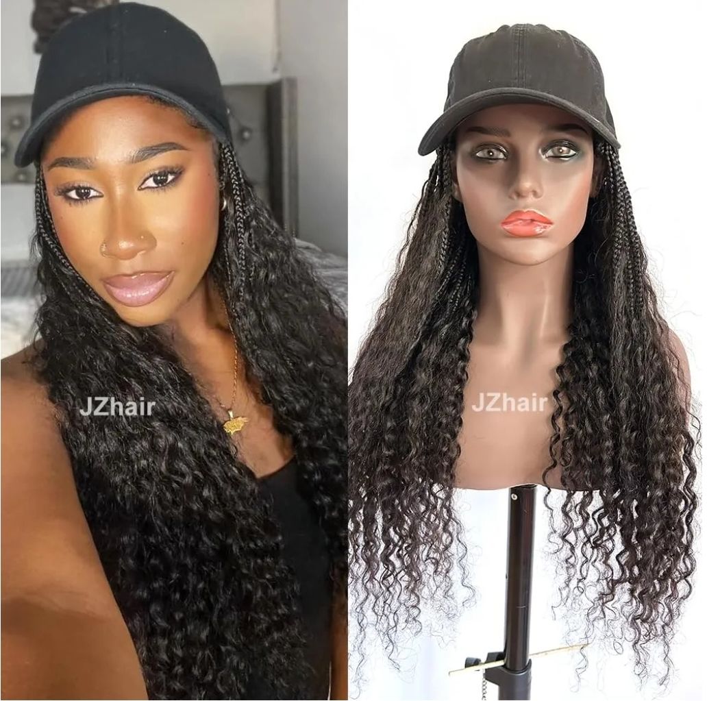 Baseball Cap Hat Wig Boho Box Braids Bohemian With Human Hair Curly Ends Grab And Go Braided Hair Extensions For Women Natural Black Color 20 Inch
