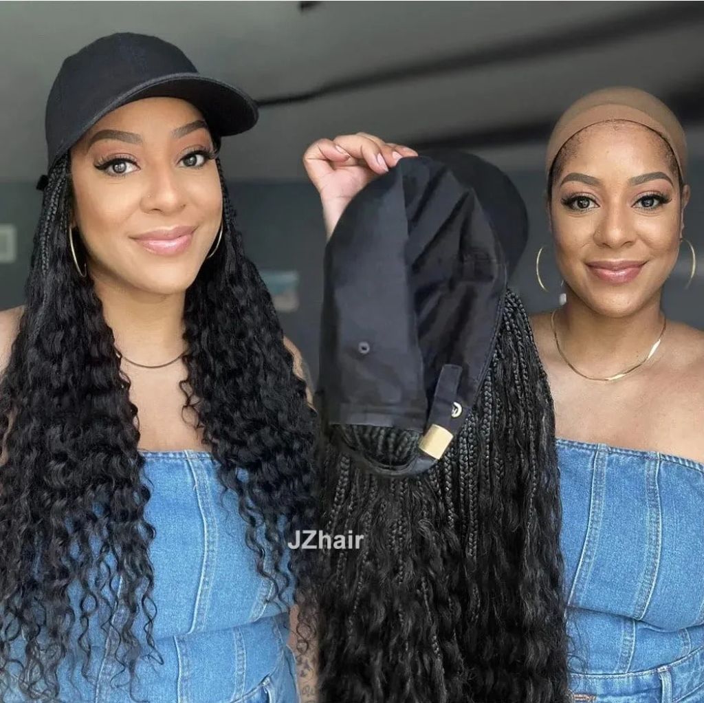 Baseball Cap Hat Wig Boho Box Braids Bohemian With Human Hair Curly Ends Grab And Go Braided Hair Extensions For Women Natural Black Color 20 Inch