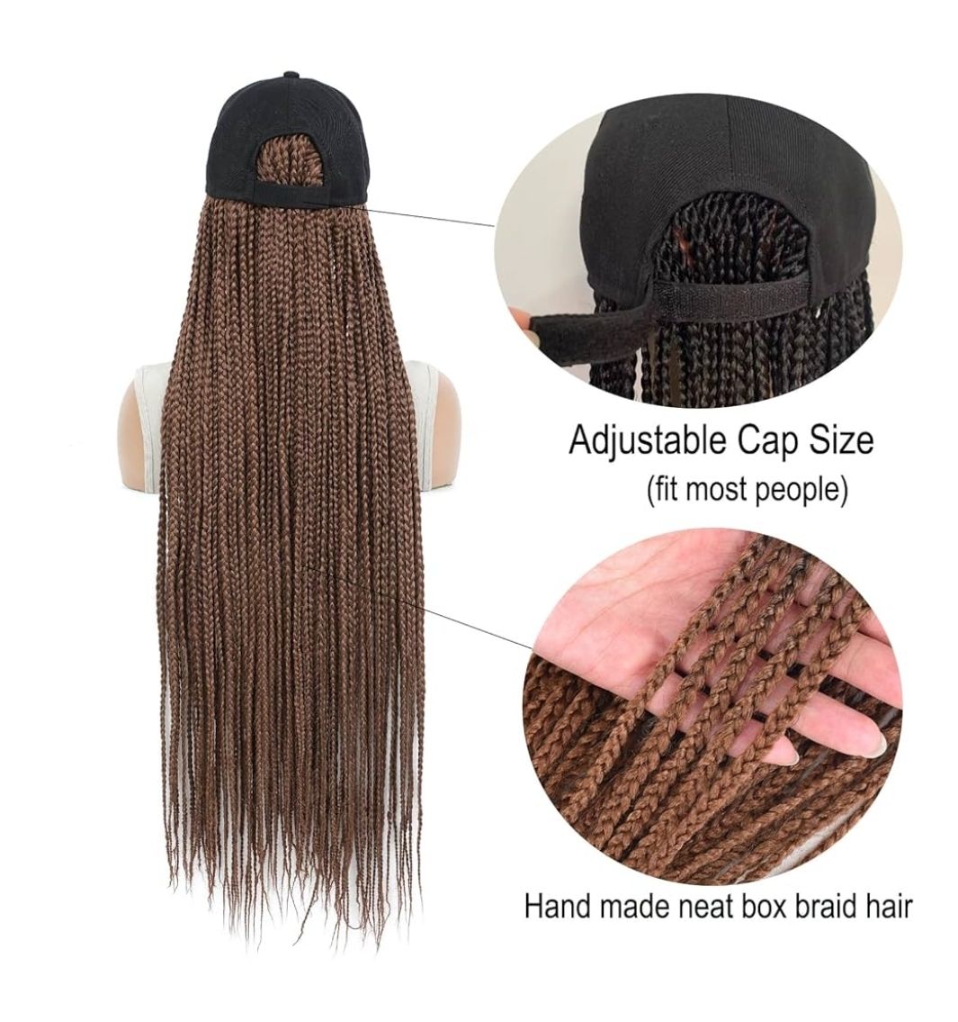 Hat Wig Baseball cap with 30inch long Box Braiding hair Extensions attached for woman Black cap wig Braided Wig Hairstyle Adjustable Size
