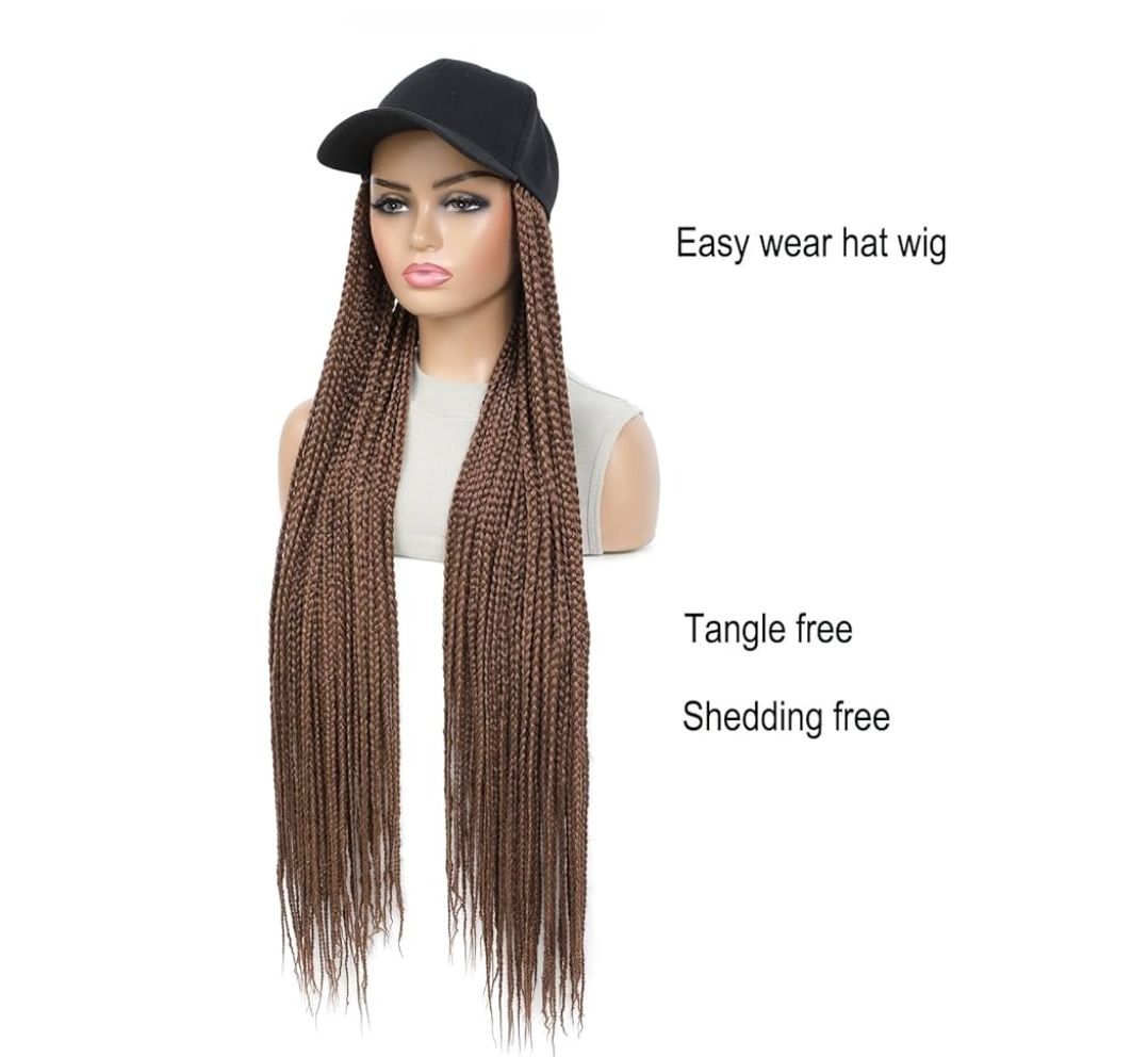 Hat Wig Baseball cap with 30inch long Box Braiding hair Extensions attached for woman Black cap wig Braided Wig Hairstyle Adjustable Size