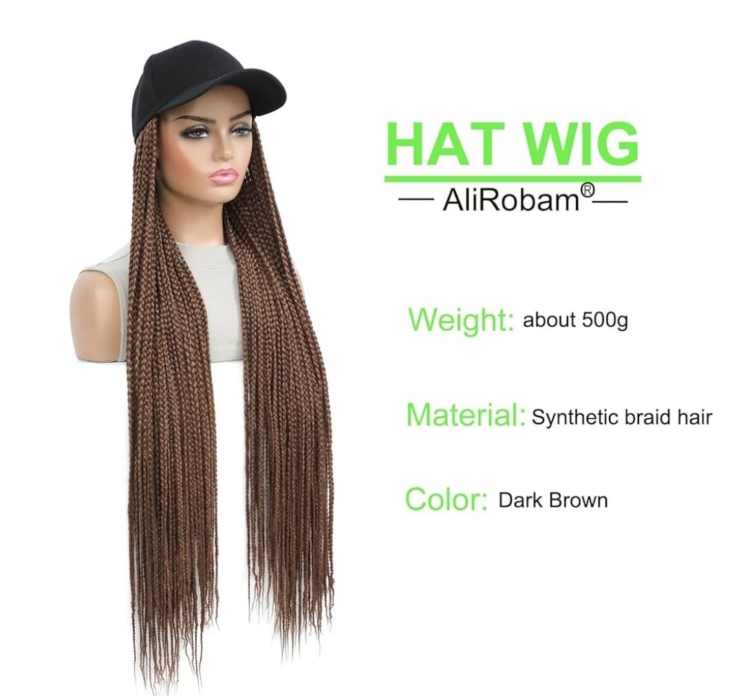 Hat Wig Baseball cap with 30inch long Box Braiding hair Extensions attached for woman Black cap wig Braided Wig Hairstyle Adjustable Size