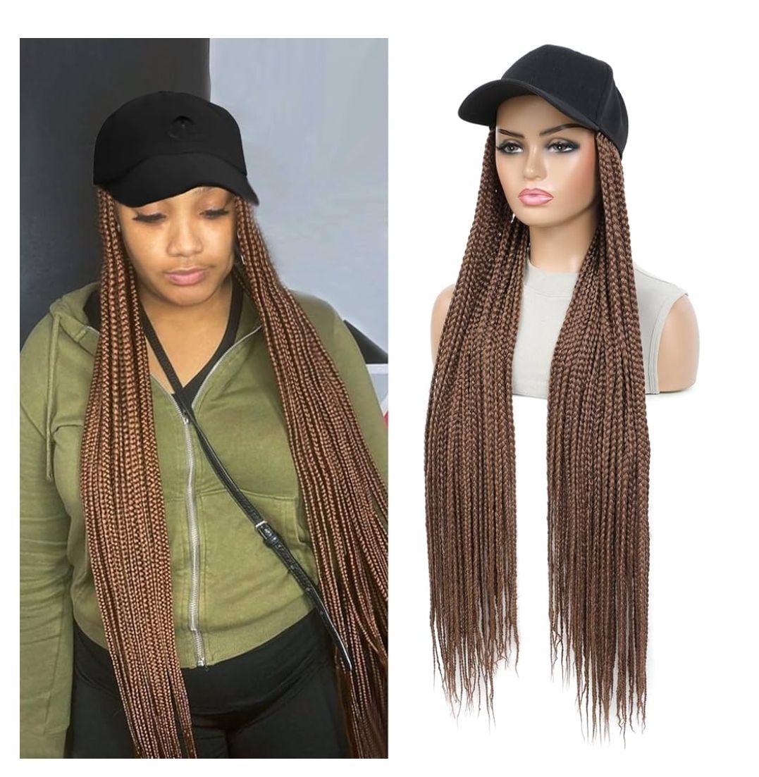 Hat Wig Baseball cap with 30inch long Box Braiding hair Extensions attached for woman Black cap wig Braided Wig Hairstyle Adjustable Size