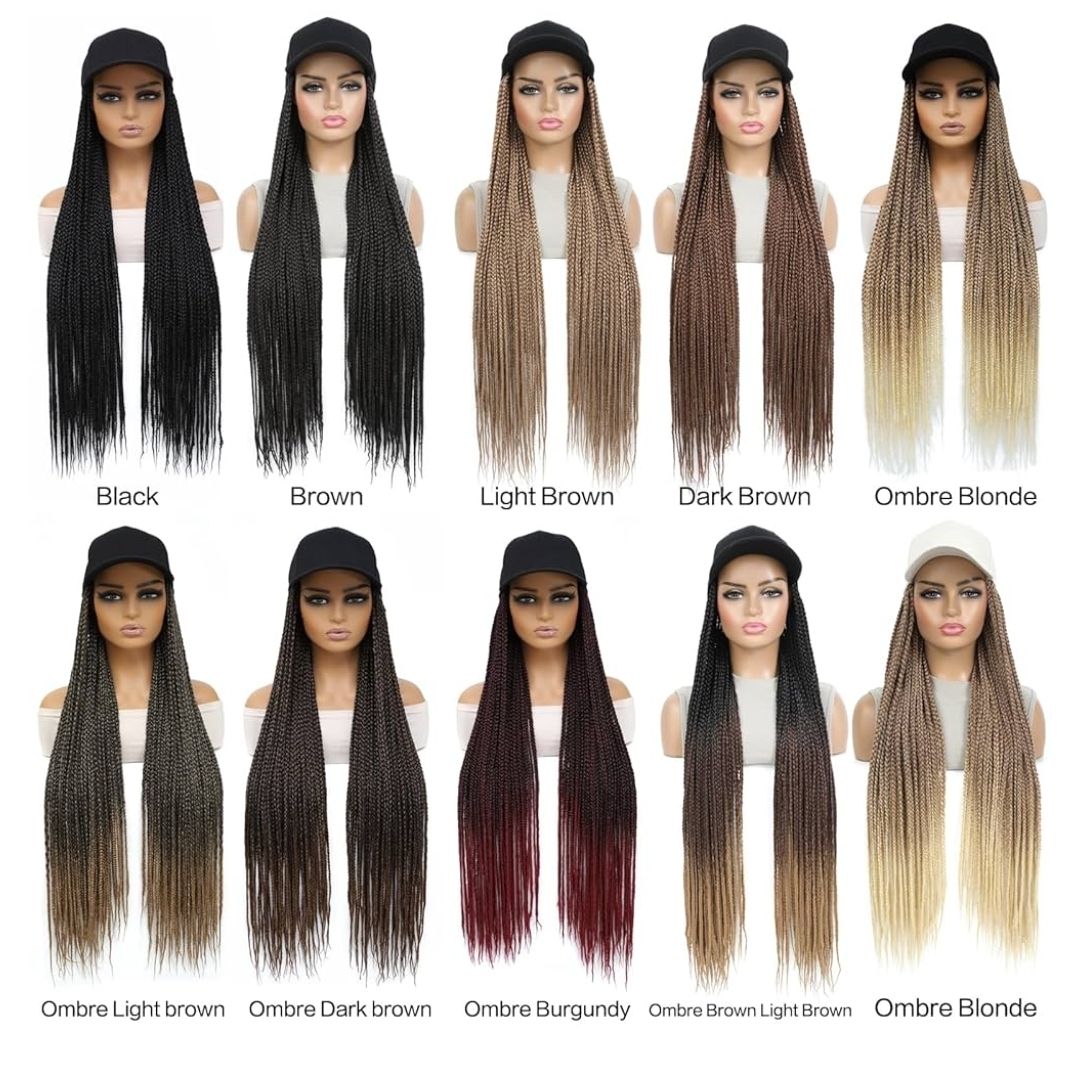 Hat Wig Baseball cap with 30inch long Box Braiding hair Extensions attached for woman Black cap wig Braided Wig Hairstyle Adjustable Size