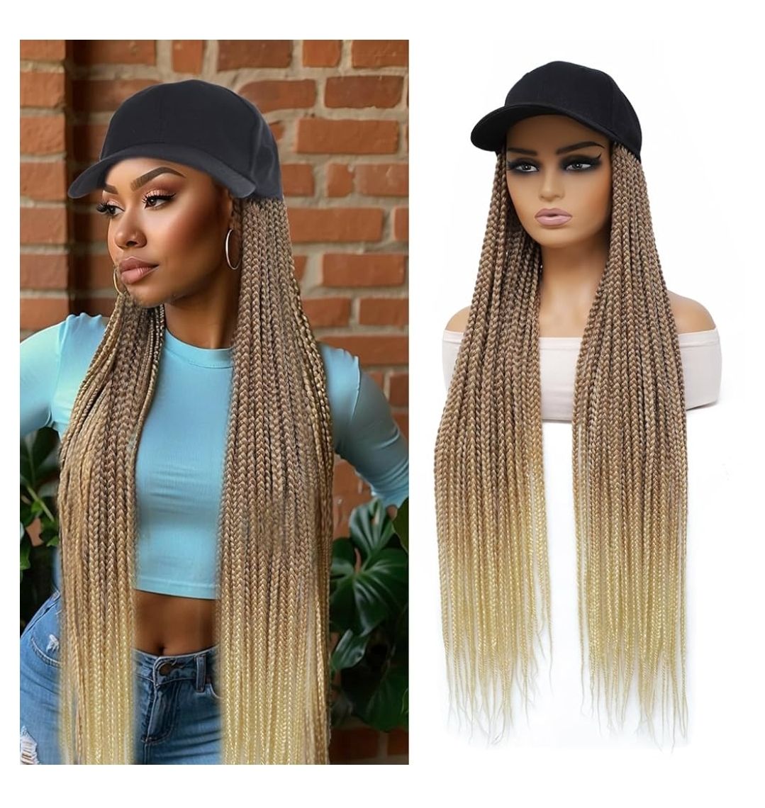 Hat Wig Baseball cap with 30inch long Box Braiding hair Extensions attached for woman Black cap wig Braided Wig Hairstyle Adjustable Size