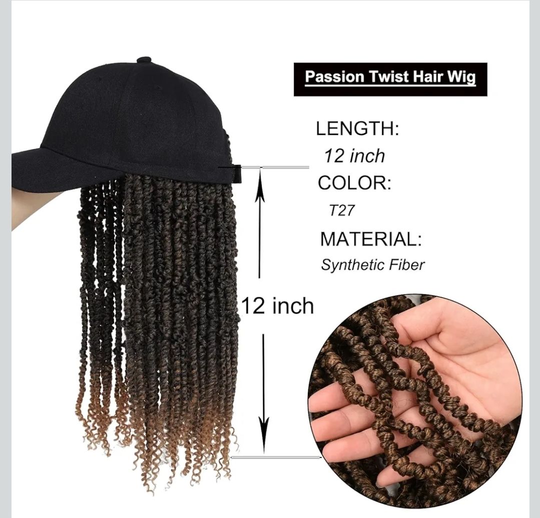 Hat Wig Baseball Cap with Short Pre-Twisted Passion Twist Hair Extensions Ombre Brown Synthetic Curly Ends Braids Sewed in Adjustable Black Baseball Hat Wig for Black Women(12inch)