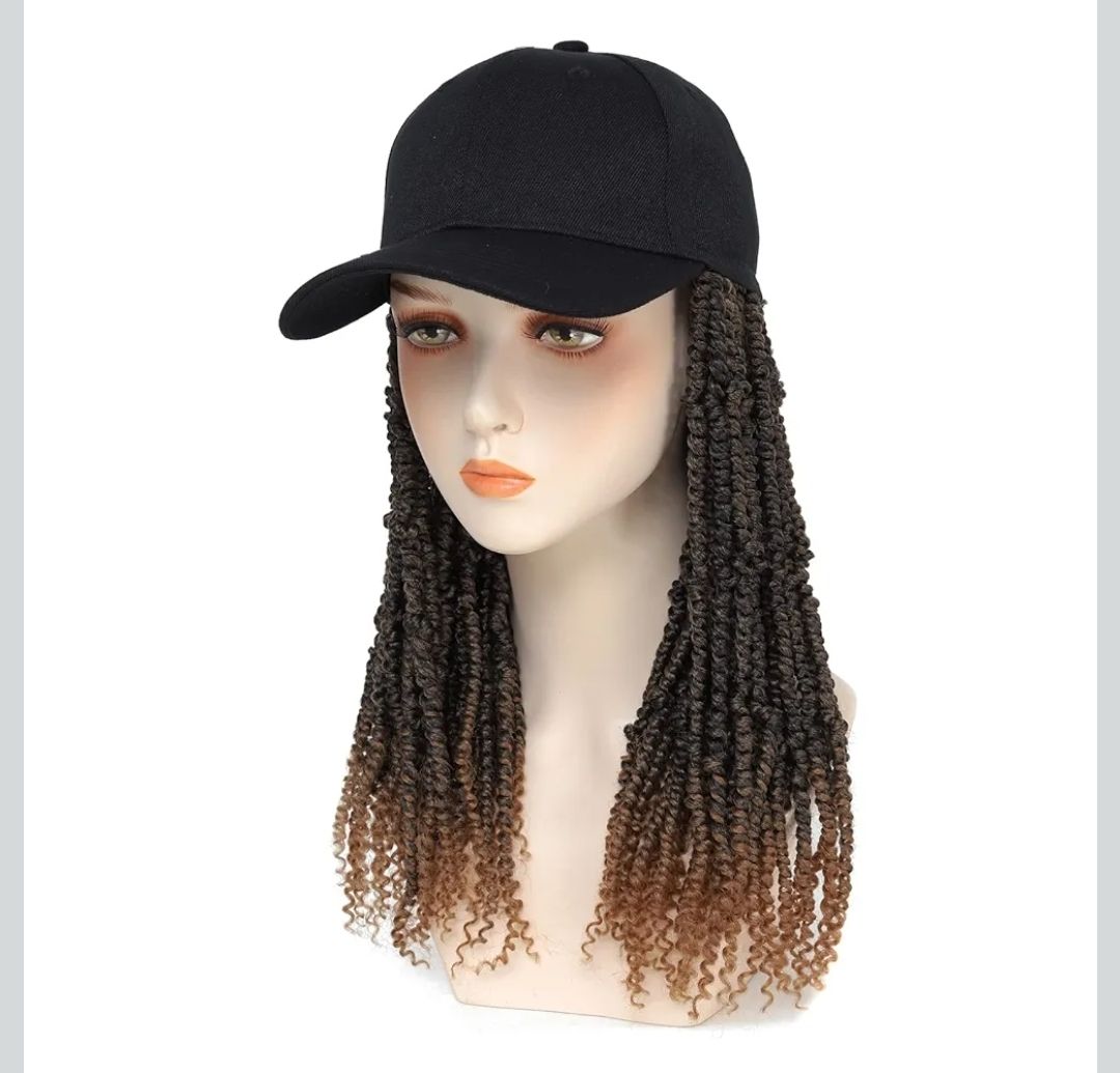 Hat Wig Baseball Cap with Short Pre-Twisted Passion Twist Hair Extensions Ombre Brown Synthetic Curly Ends Braids Sewed in Adjustable Black Baseball Hat Wig for Black Women(12inch)