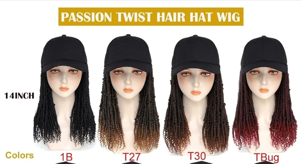 Hat Wig Baseball Cap with Short Pre-Twisted Passion Twist Hair Extensions Ombre Brown Synthetic Curly Ends Braids Sewed in Adjustable Black Baseball Hat Wig for Black Women(12inch)