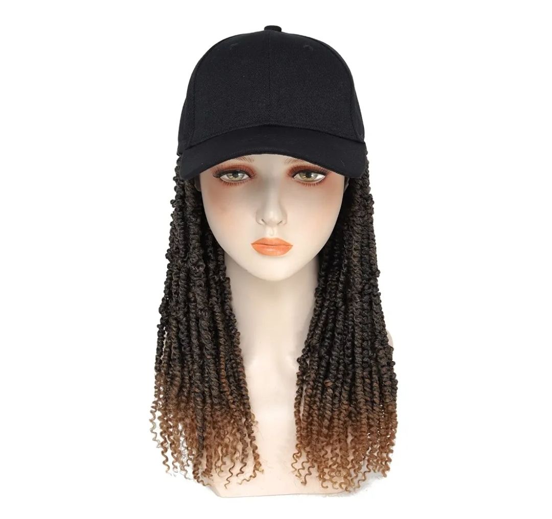 Hat Wig Baseball Cap with Short Pre-Twisted Passion Twist Hair Extensions Ombre Brown Synthetic Curly Ends Braids Sewed in Adjustable Black Baseball Hat Wig for Black Women(12inch)