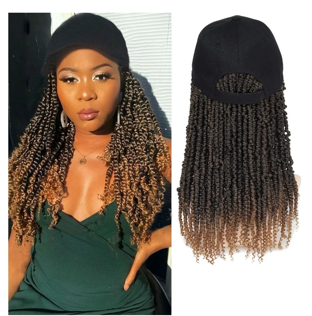 Hat Wig Baseball Cap with Short Pre-Twisted Passion Twist Hair Extensions Ombre Brown Synthetic Curly Ends Braids Sewed in Adjustable Black Baseball Hat Wig for Black Women(12inch)