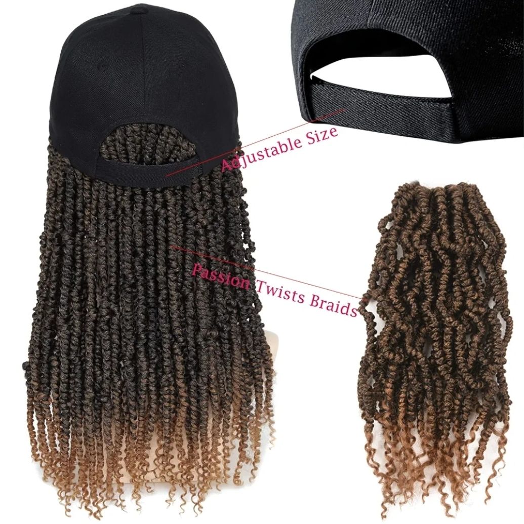 Hat Wig Baseball Cap with Short Pre-Twisted Passion Twist Hair Extensions Ombre Brown Synthetic Curly Ends Braids Sewed in Adjustable Black Baseball Hat Wig for Black Women(12inch)