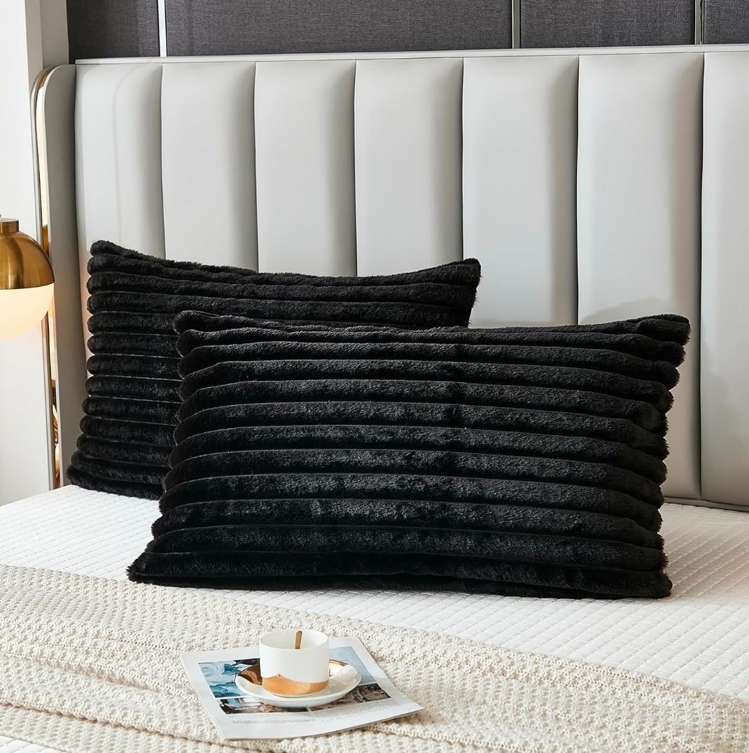 Bed Pillowcase Queen Set of 2 Striped Faux Rabbit Fur and Velvet Back Rectangle Lumbar Pillow Covers Shams Modern Home Decorative (Standard Size, 20 x 30 Inch)