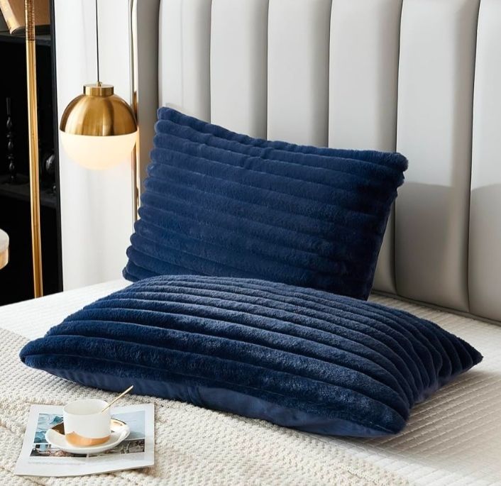 Bed Pillowcase Queen Set of 2 Striped Faux Rabbit Fur and Velvet Back Rectangle Lumbar Pillow Covers Shams Modern Home Decorative (Standard Size, 20 x 30 Inch)