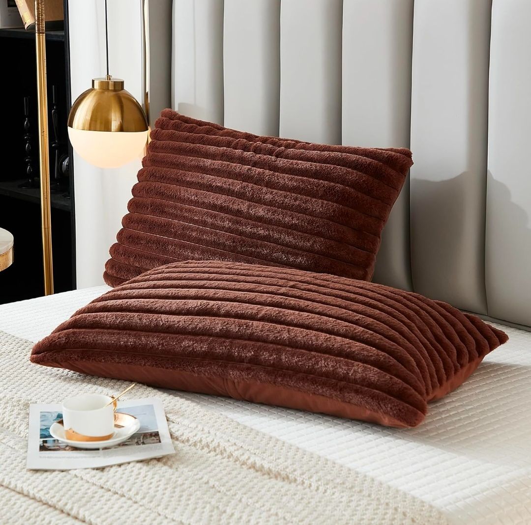 Bed Pillowcase Queen Set of 2 Striped Faux Rabbit Fur and Velvet Back Rectangle Lumbar Pillow Covers Shams Modern Home Decorative (Standard Size, 20 x 30 Inch)