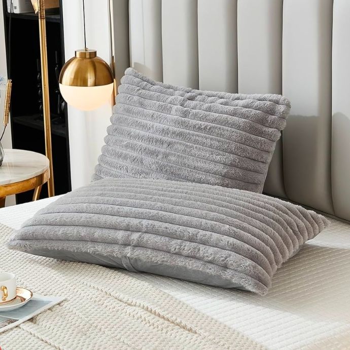 Bed Pillowcase Queen Set of 2 Striped Faux Rabbit Fur and Velvet Back Rectangle Lumbar Pillow Covers Shams Modern Home Decorative (Standard Size, 20 x 30 Inch)