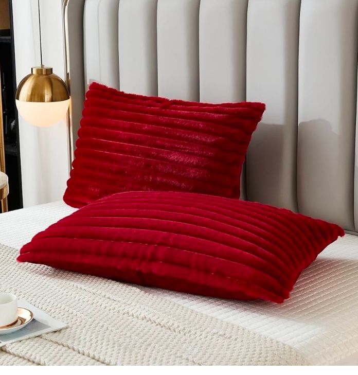 Bed Pillowcase Queen Set of 2 Striped Faux Rabbit Fur and Velvet Back Rectangle Lumbar Pillow Covers Shams Modern Home Decorative (Standard Size, 20 x 30 Inch)