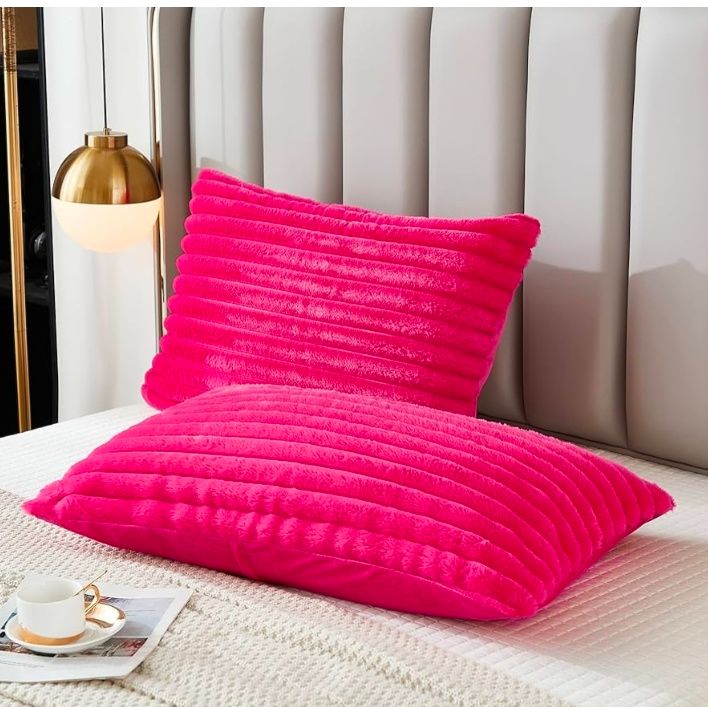 Bed Pillowcase Queen Set of 2 Striped Faux Rabbit Fur and Velvet Back Rectangle Lumbar Pillow Covers Shams Modern Home Decorative (Standard Size, 20 x 30 Inch)