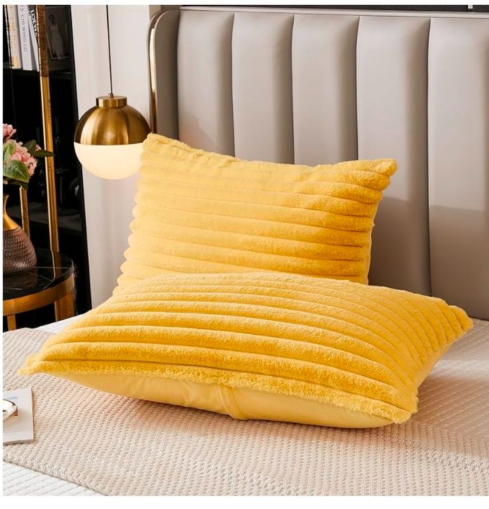 Bed Pillowcase Queen Set of 2 Striped Faux Rabbit Fur and Velvet Back Rectangle Lumbar Pillow Covers Shams Modern Home Decorative (Standard Size, 20 x 30 Inch)