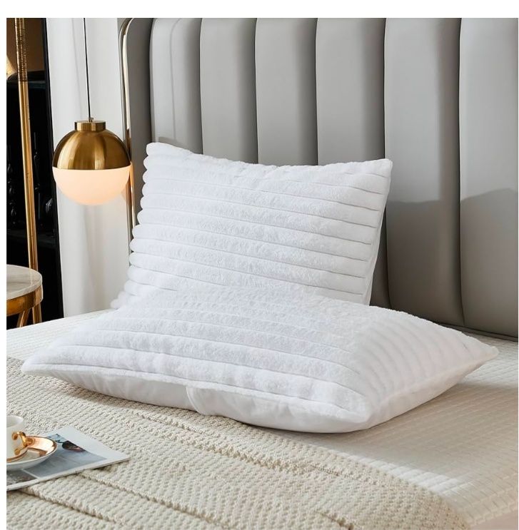 Bed Pillowcase Queen Set of 2 Striped Faux Rabbit Fur and Velvet Back Rectangle Lumbar Pillow Covers Shams Modern Home Decorative (Standard Size, 20 x 30 Inch)