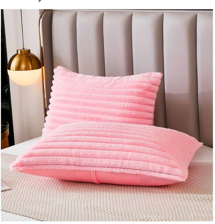 Bed Pillowcase Queen Set of 2 Striped Faux Rabbit Fur and Velvet Back Rectangle Lumbar Pillow Covers Shams Modern Home Decorative (Standard Size, 20 x 30 Inch)